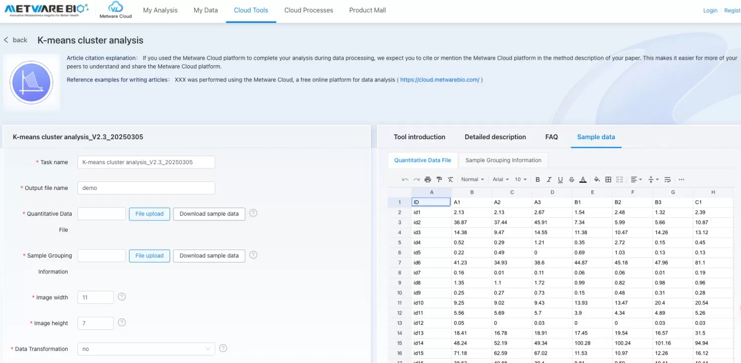 Metware Cloud Platform Tools for K-means clustering